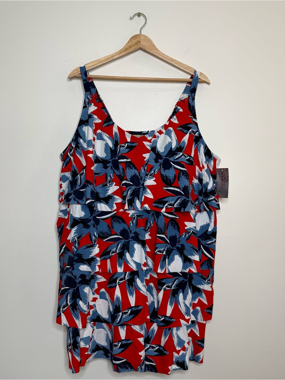 New Catherine’s size 28W Tiered One Piece Swim Suit red white blue floral